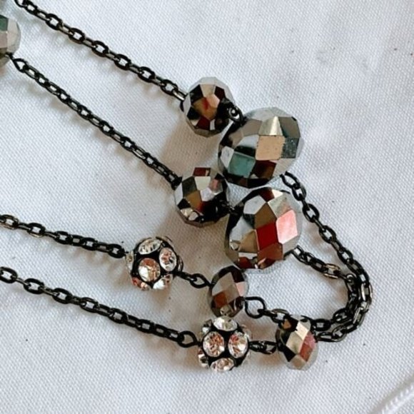 35” Black Chain Ab Black stones w Rhinestone Ball Faceted Beads Long Necklace - Picture 8 of 11